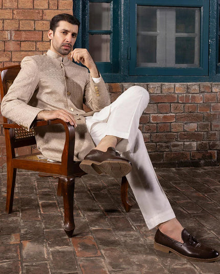 Sherwani | Beige Embroidered Luxury Cotton Schiffli Sherwani