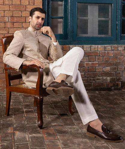 Sherwani | Beige Embroidered Luxury Cotton Schiffli Sherwani