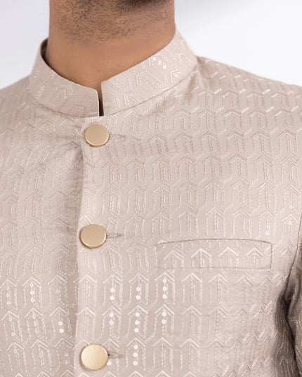 Sherwani | Beige Embroidered Luxury Cotton Schiffli Sherwani