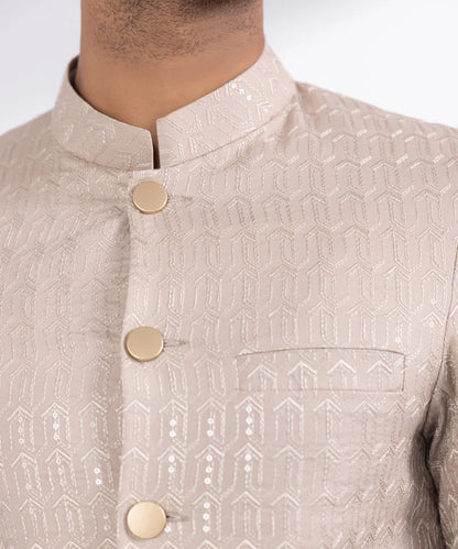 Sherwani | Beige Embroidered Luxury Cotton Schiffli Sherwani