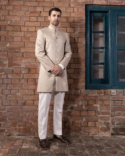 Sherwani | Beige Embroidered Luxury Cotton Schiffli Sherwani