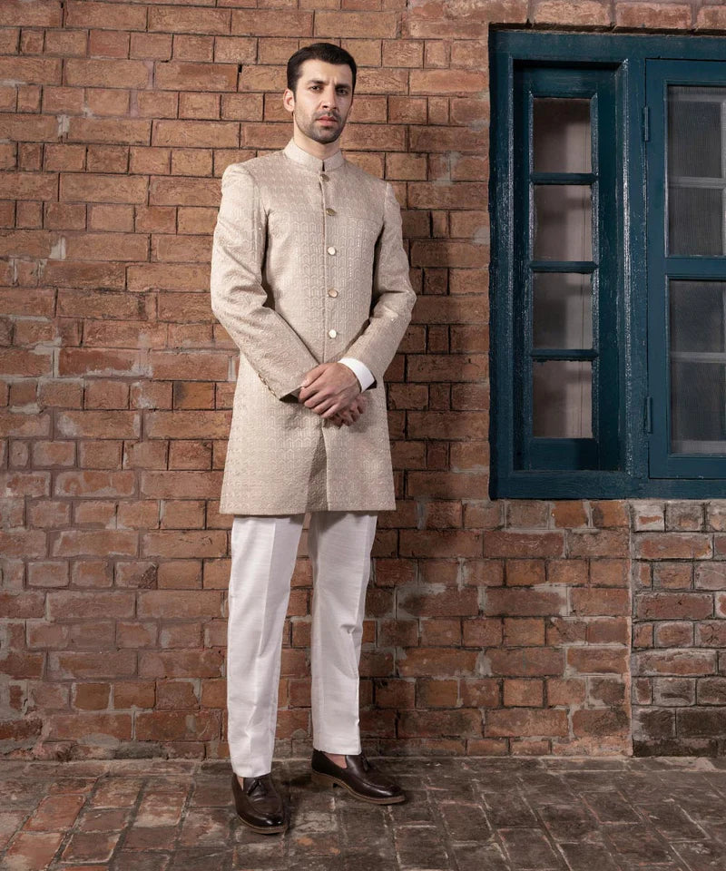Sherwani | Beige Embroidered Luxury Cotton Schiffli Sherwani