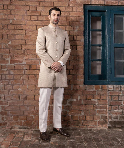 Sherwani | Beige Embroidered Luxury Cotton Schiffli Sherwani