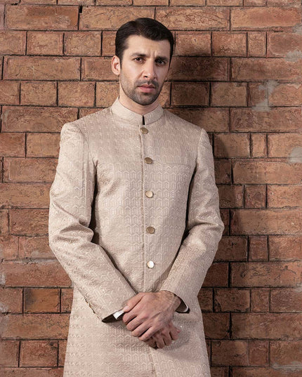 Sherwani | Beige Embroidered Luxury Cotton Schiffli Sherwani