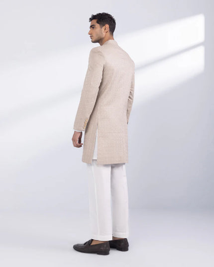 Sherwani | Beige Embroidered Luxury Cotton Schiffli Sherwani