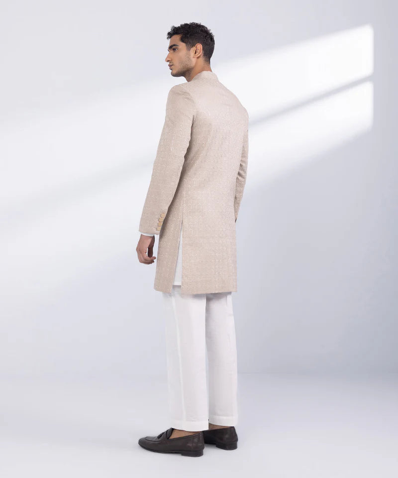 Sherwani | Beige Embroidered Luxury Cotton Schiffli Sherwani