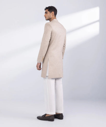 Sherwani | Beige Embroidered Luxury Cotton Schiffli Sherwani