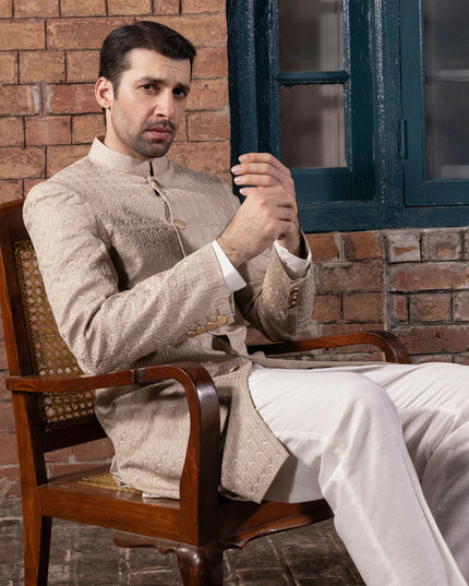 Sherwani | Beige Embroidered Luxury Cotton Schiffli Sherwani