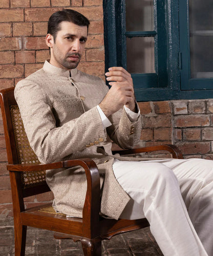 Sherwani | Beige Embroidered Luxury Cotton Schiffli Sherwani
