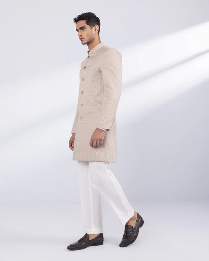 Sherwani | Beige Embroidered Luxury Cotton Schiffli Sherwani