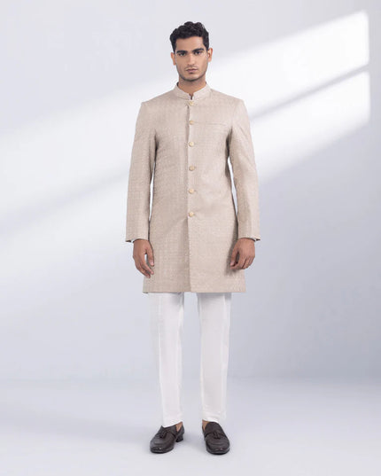 Sherwani | Beige Embroidered Luxury Cotton Schiffli Sherwani