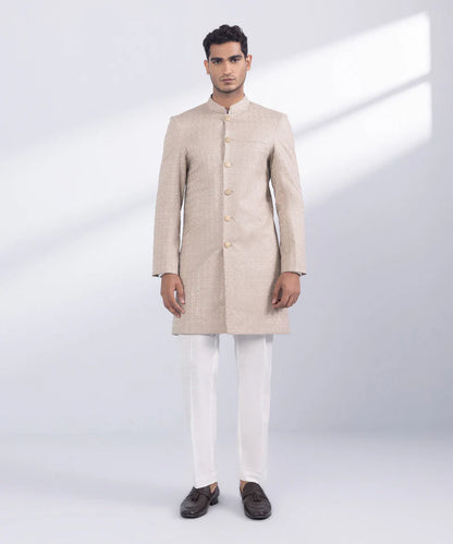 Sherwani | Beige Embroidered Luxury Cotton Schiffli Sherwani