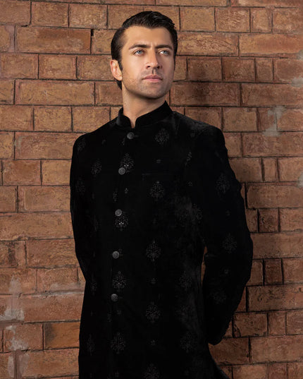 Sherwani | Black Velvet Embroidered Luxury Sherwani
