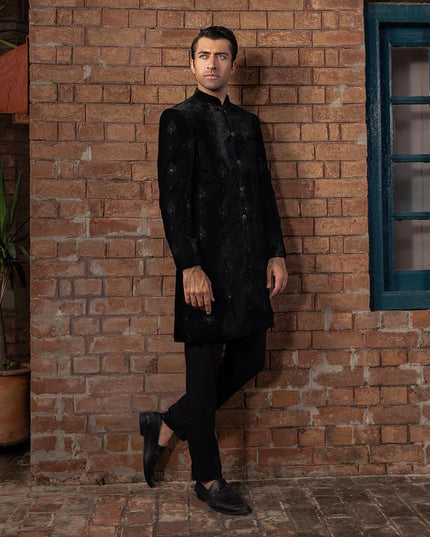 Sherwani | Black Velvet Embroidered Luxury Sherwani
