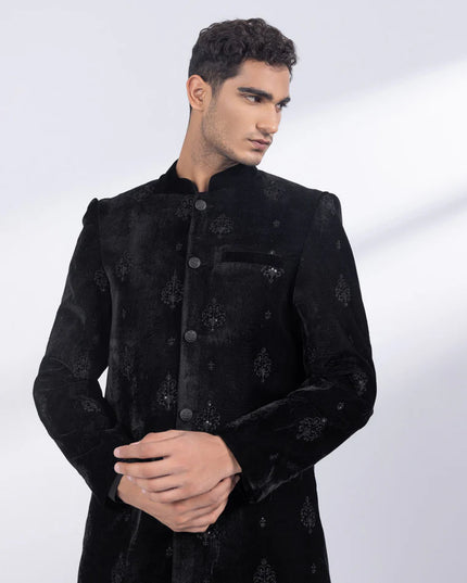 Sherwani | Black Velvet Embroidered Luxury Sherwani