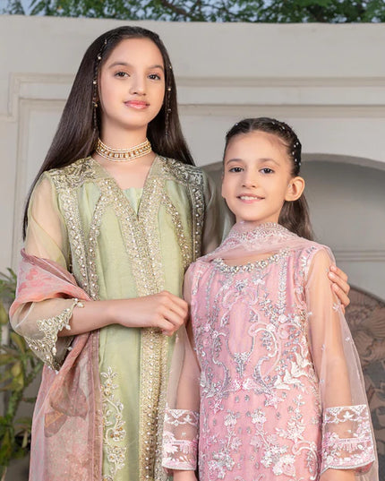 Malhaar | Girls Green Organza Embroidered Dress