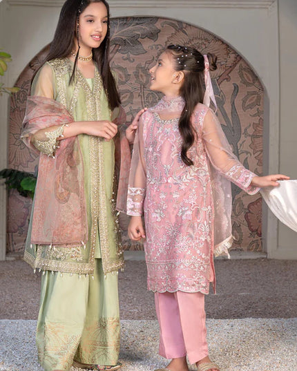 Malhaar | Girls Green Organza Embroidered Dress
