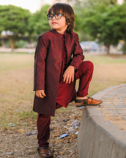 3 Piece | Boys Maroon Open Long Sherwani Set
