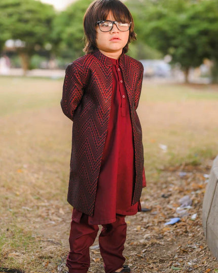 3 Piece | Boys Maroon Open Long Sherwani Set