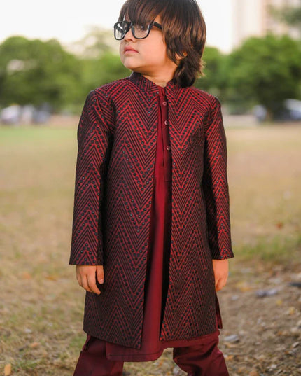 3 Piece | Boys Maroon Open Long Sherwani Set