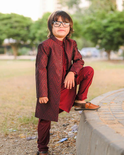 3 Piece | Boys Maroon Open Long Sherwani Set