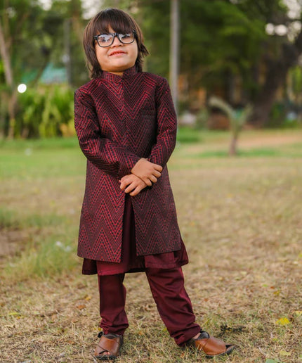 3 Piece | Boys Maroon Open Long Sherwani Set