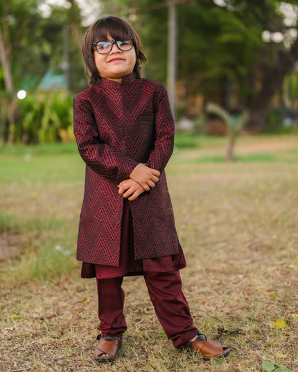 3 Piece | Boys Maroon Open Long Sherwani Set