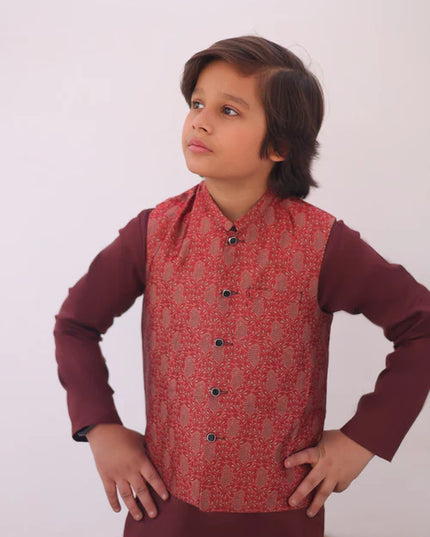 3 Piece | Boys Maroon Red Waistcoat Set