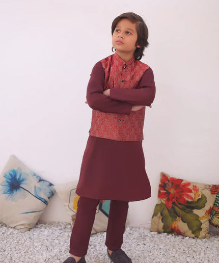 3 Piece | Boys Maroon Red Waistcoat Set
