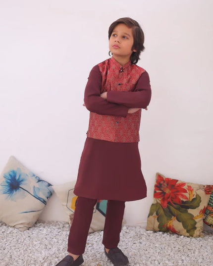 3 Piece | Boys Maroon Red Waistcoat Set