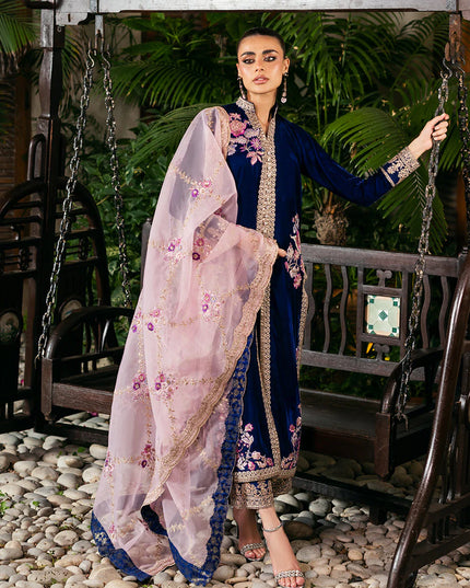 Meher | Blue Velvet Embroidered Suit