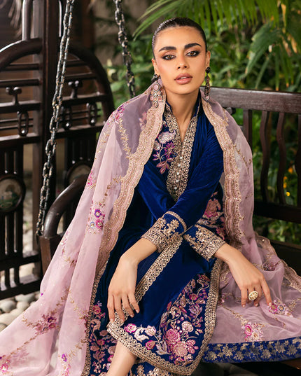 Meher | Blue Velvet Embroidered Suit
