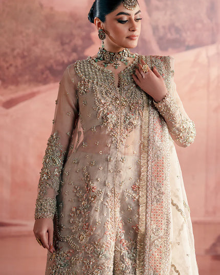 Woman wearing a intricately designed traditional outfit with a soft pink background