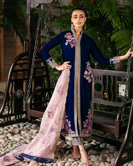 Meher | Blue Velvet Embroidered Suit