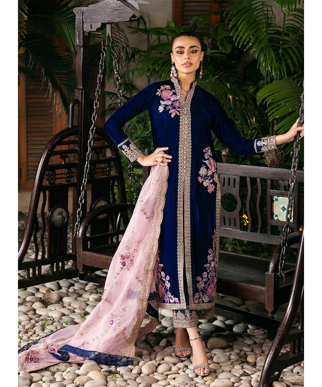 Meher | Blue Velvet Embroidered Suit