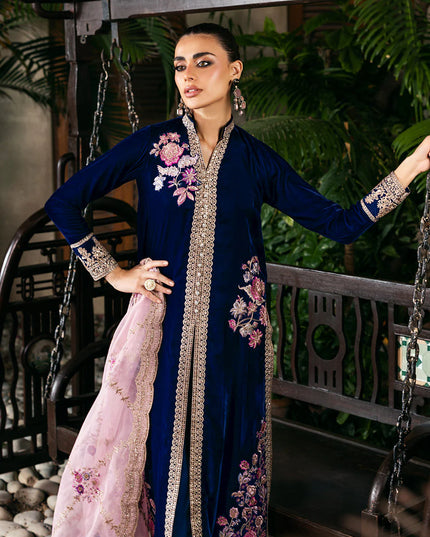 Meher | Blue Velvet Embroidered Suit