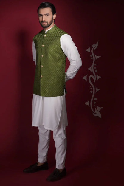 Olive Green Diamond Texture Waistcoat
