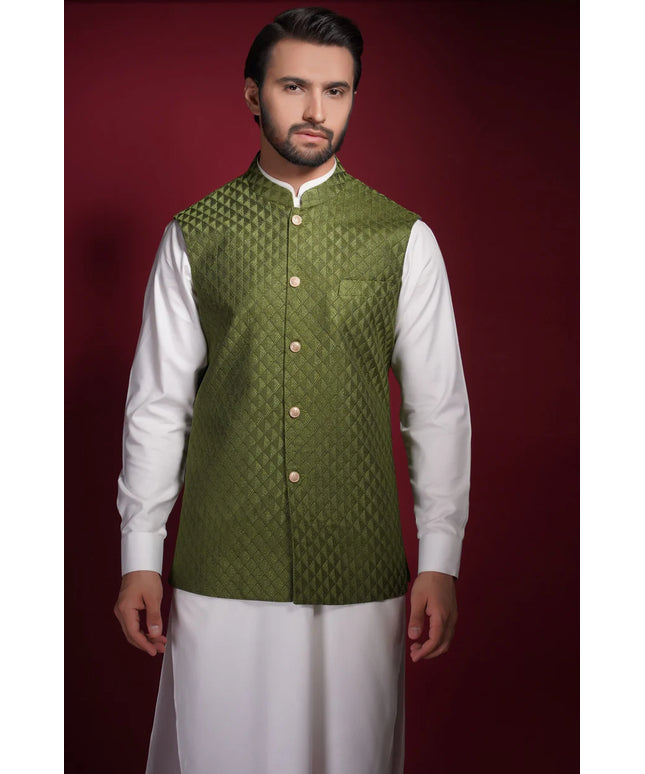 Olive Green Diamond Texture Waistcoat