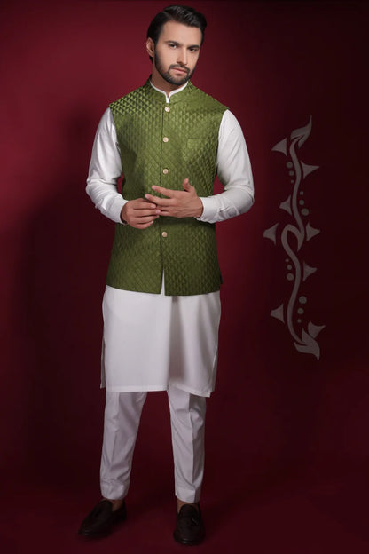 Olive Green Diamond Texture Waistcoat