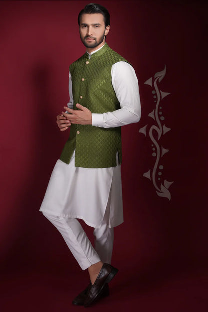 Olive Green Diamond Texture Waistcoat