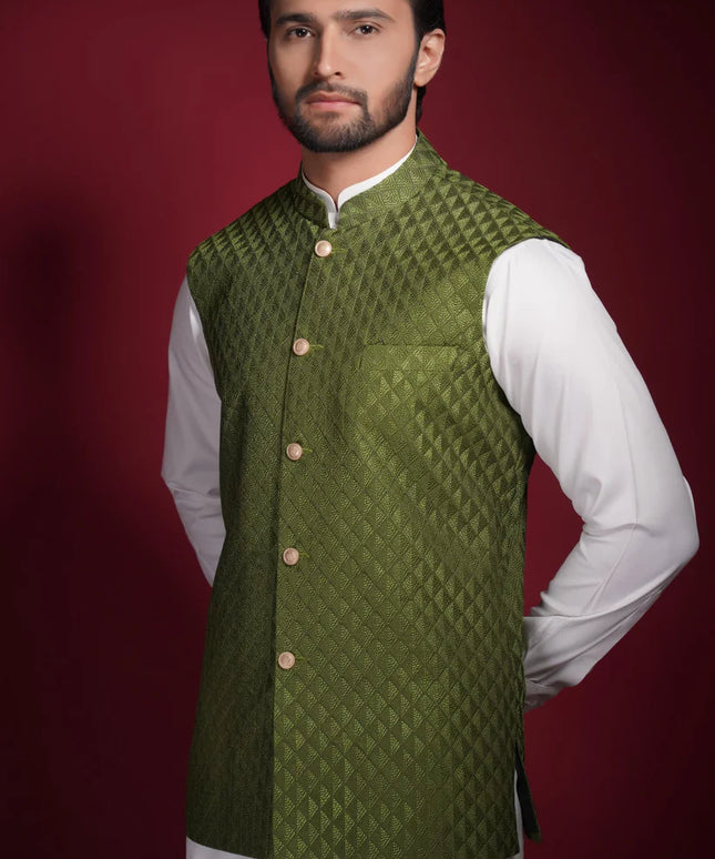 Olive Green Diamond Texture Waistcoat