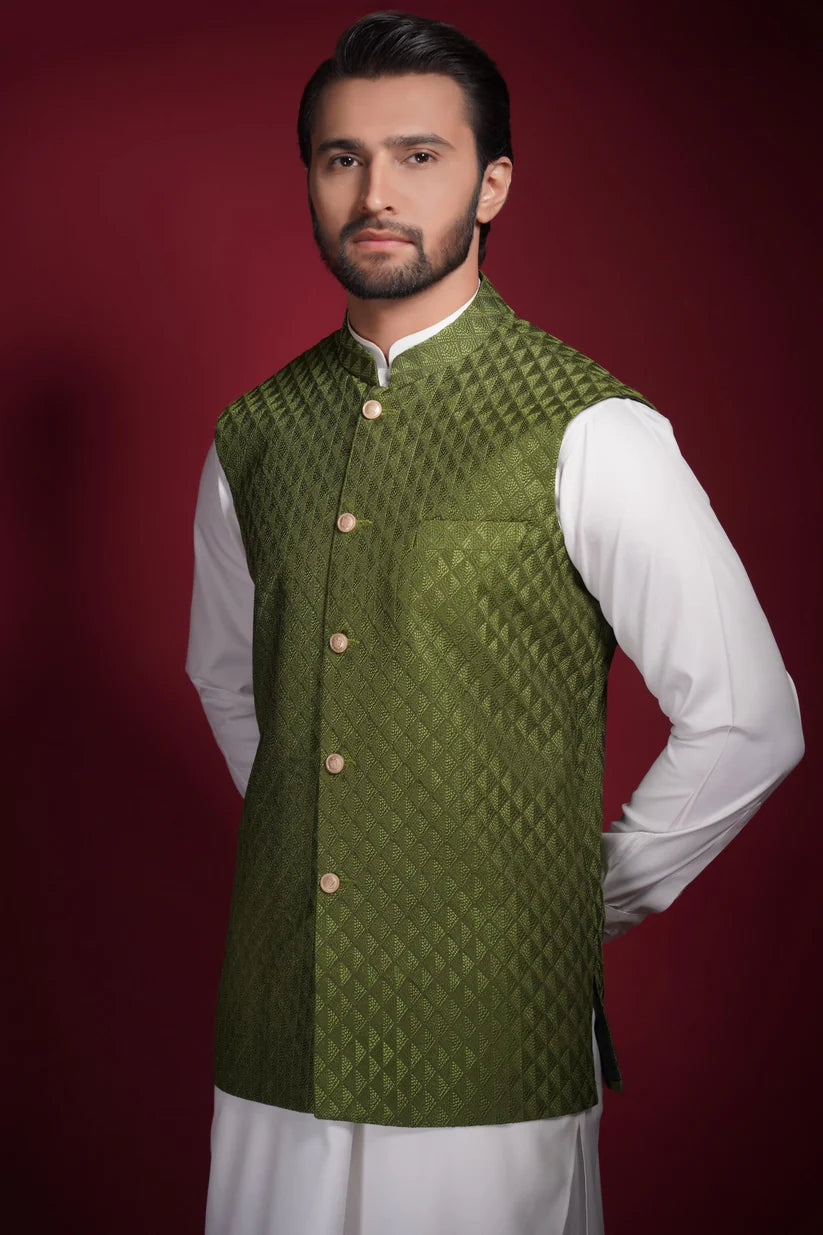 Olive Green Diamond Texture Waistcoat