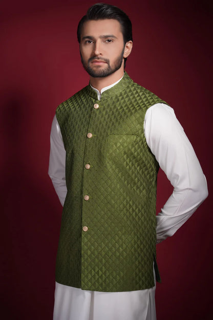 Olive Green Diamond Texture Waistcoat