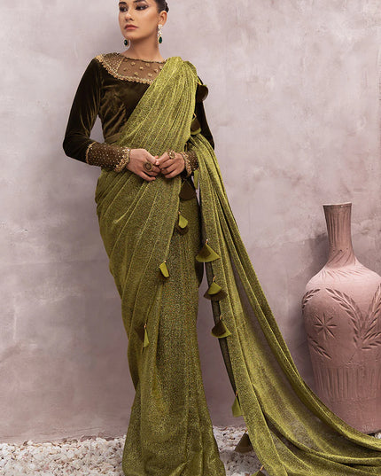 Milana | Green Embellished Velvet Saree