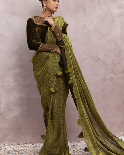 Milana | Green Embellished Velvet Saree