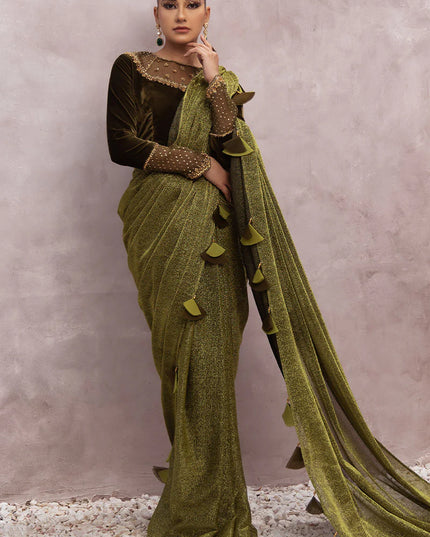 Milana | Green Embellished Velvet Saree