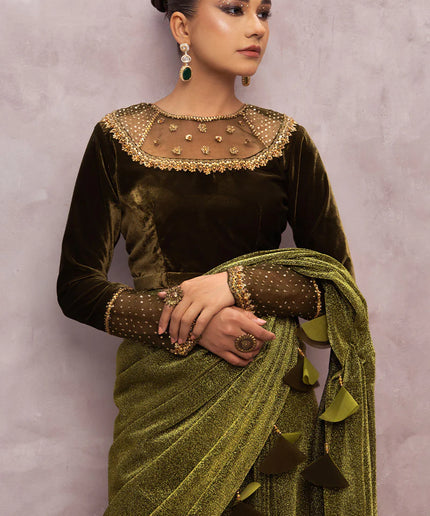 Milana | Green Embellished Velvet Saree