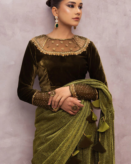 Milana | Green Embellished Velvet Saree