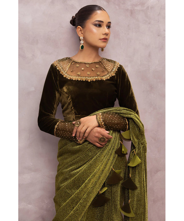 Milana | Green Embellished Velvet Saree
