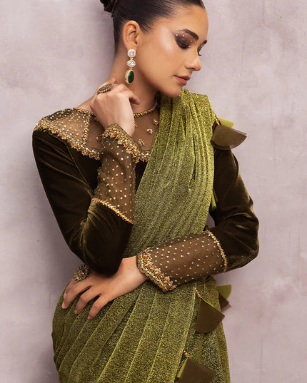Milana | Green Embellished Velvet Saree